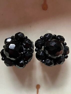 Miriam Haskell Sparkly Black Glass Clip On Earrings
